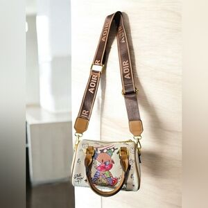 Cream and Brown Crossbody Bag with Cartoon Design